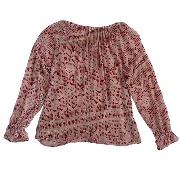 Sundance Cream Red Silk Velvet Burnout Peasant Sheer Button Blouse Size L - Picture 2 of 10